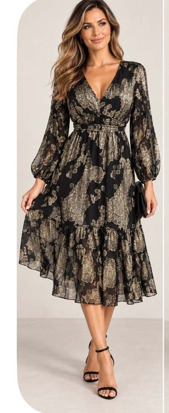Zudio  Jacquard Maxi Dress Black Gold sz M